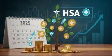Growing money tree with coins and medical symbols, representing HSA growth and health benefits for 2025.