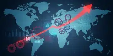 Illustration of technology mergers and acquisitions with gears and upward trend