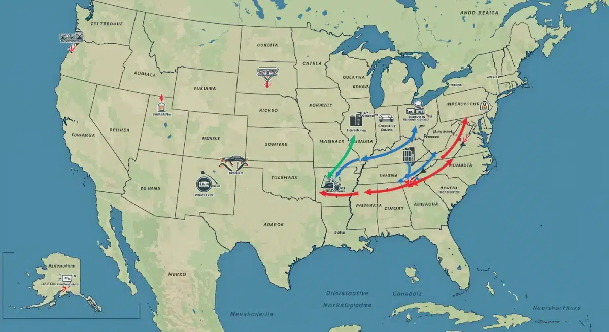 Map of the US illustrating diversified manufacturing hubs and nearshoring supply chain routes.
