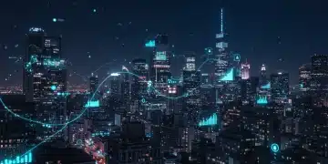 Futuristic city with AI data flows representing US business integration 2025.