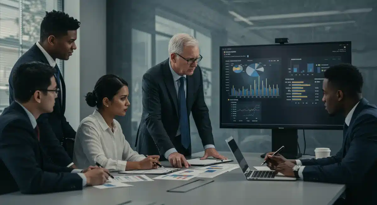 Business team collaborating on financial projections and tax strategy in a modern office.