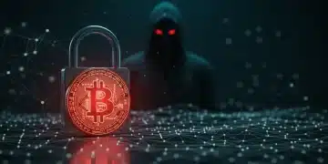 Digital padlock protecting cryptocurrency on a blockchain network against cyber threats.