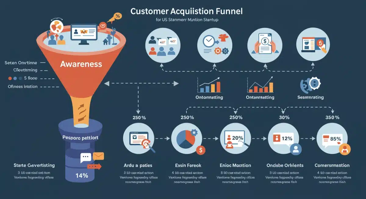 Infographic detailing a customer acquisition funnel with stages and conversion data for a US startup.