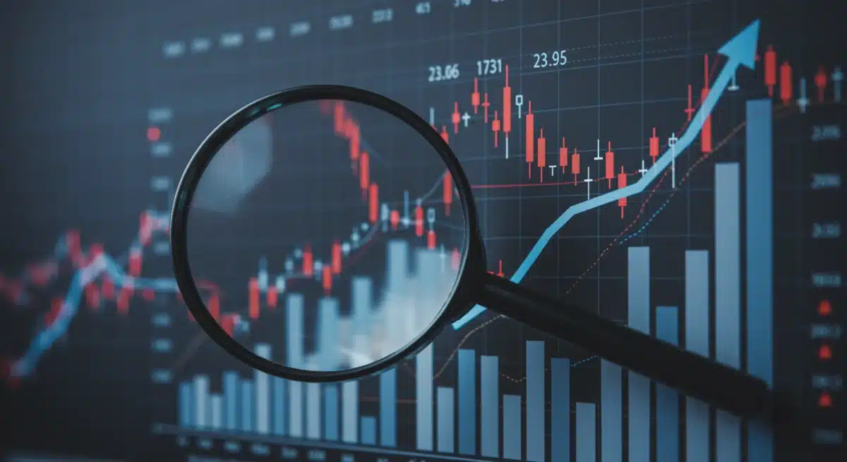 Magnifying glass analyzing DeFi project financial charts
