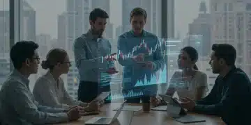 Entrepreneurs discussing venture capital strategies in a modern co-working space, holographic financial charts.