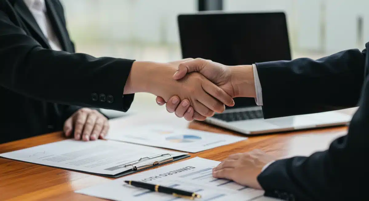 Startup founder and venture capitalist shaking hands, symbolizing a successful funding agreement.