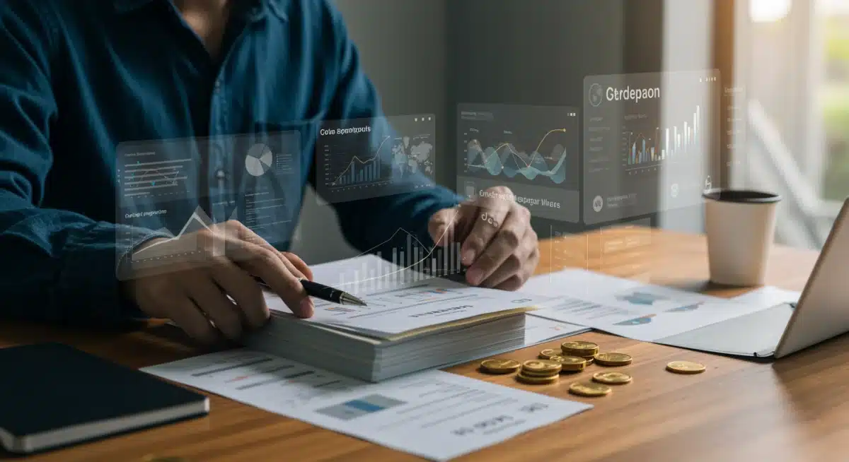 Person actively managing personal finances on a computer with financial charts and documents, symbolizing strategic investment and budgeting.
