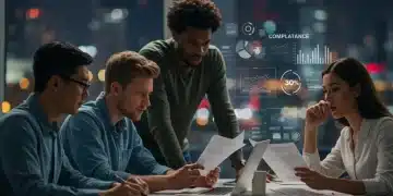 Startup team reviewing SEC compliance documents on laptops and tablets in a modern office.