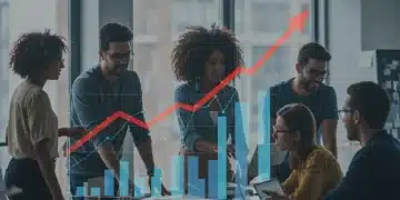 Diverse startup team collaborating in a modern office with growth charts, symbolizing successful business scaling in the US.