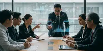 Professionals analyzing 2026 holographic financial data projections.