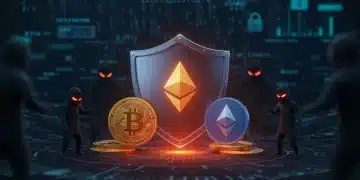 Shield protecting crypto assets from digital scam threats