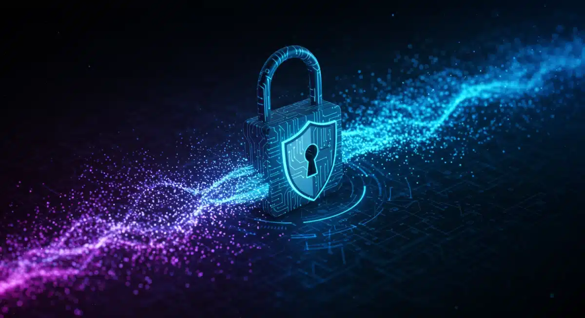 Data streams flowing into a digital lock representing enhanced data privacy and security regulations.