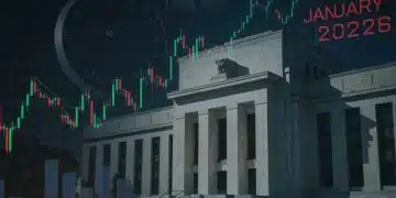 Federal Reserve building with market graphs and January 2026 date, symbolizing rate decisions and economic impact.