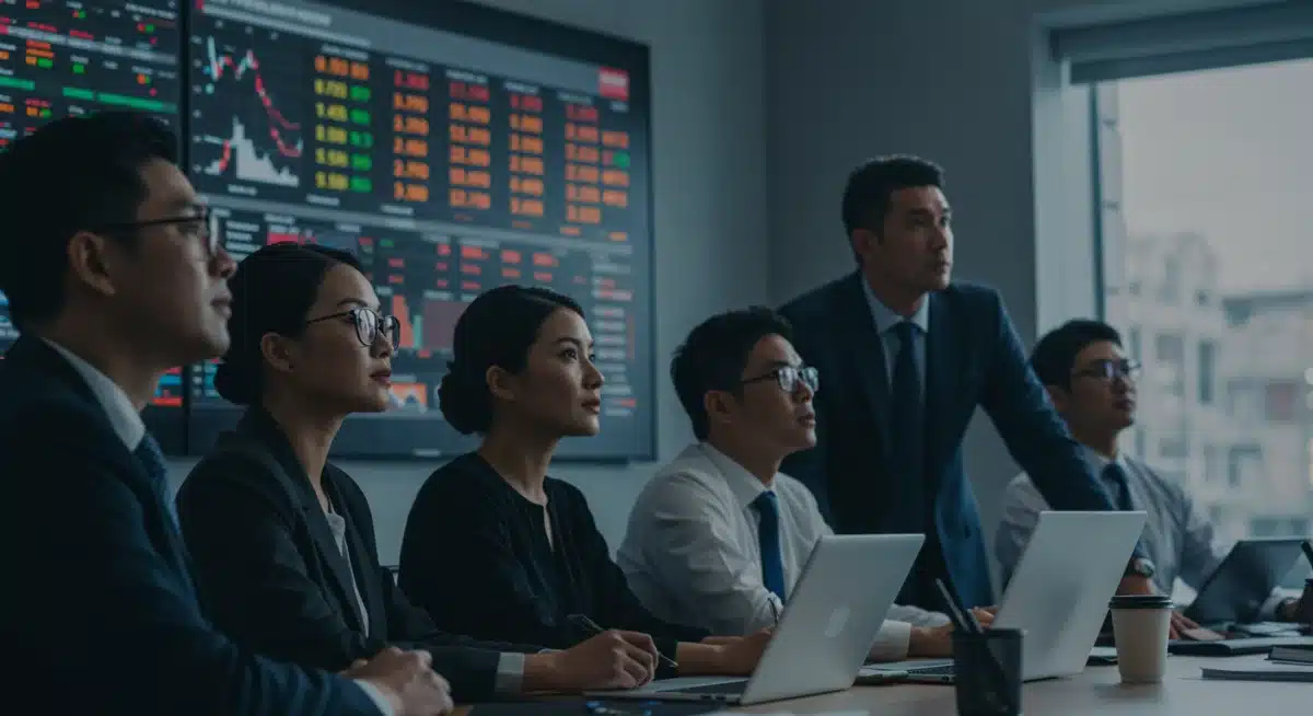 Business professionals analyzing market data after Federal Reserve announcement.