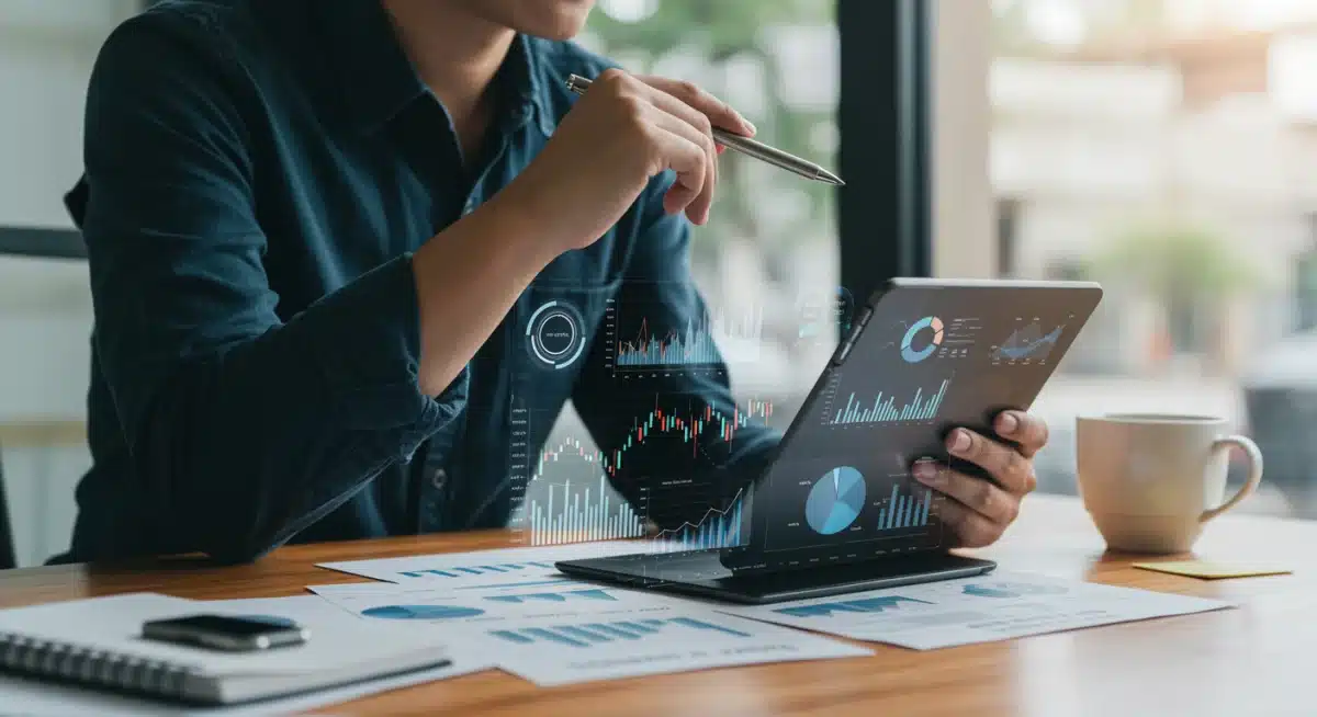 Individual reviewing personal financial dashboard on a tablet.