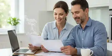 Professional couple reviewing retirement savings plans and financial documents on a laptop