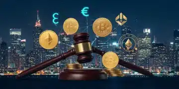 Illustration of cryptocurrency symbols with SEC regulations