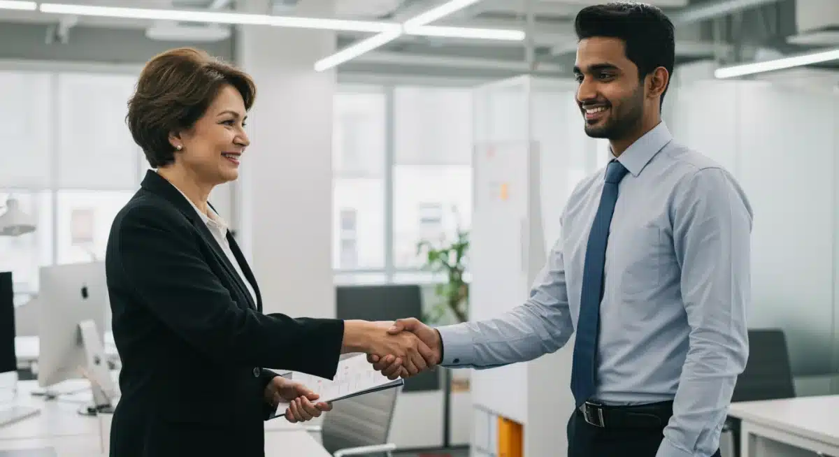 Recruiter and new employee handshake, symbolizing successful talent acquisition.