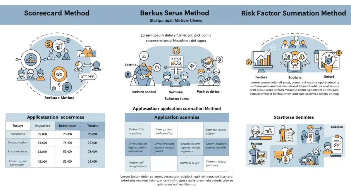 Infographic comparing Scorecard, Berkus, and Risk Factor Summation valuation methods