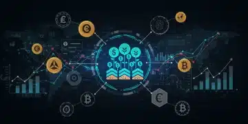 Futuristic digital farm with cryptocurrency symbols and growth charts