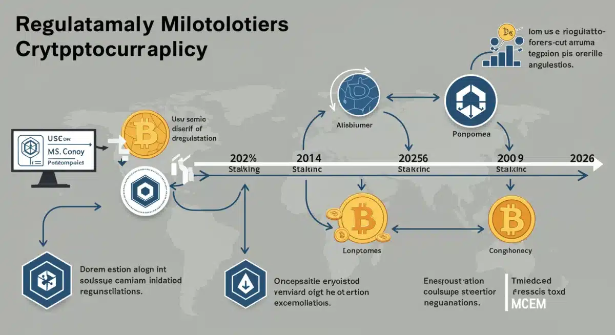 Timeline infographic showing key SEC regulatory milestones leading up to 2026 staking rules