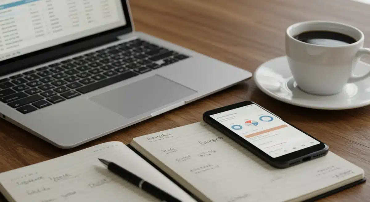 Financial planner's desk with budgeting tools and notes for 2026 financial goals.