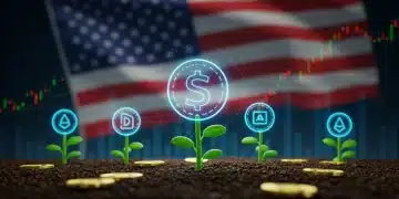 Futuristic stablecoin yield farm with high APY graphs in US
