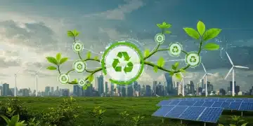 Blockchain network with green leaves and solar panels, symbolizing eco-friendly cryptocurrency.