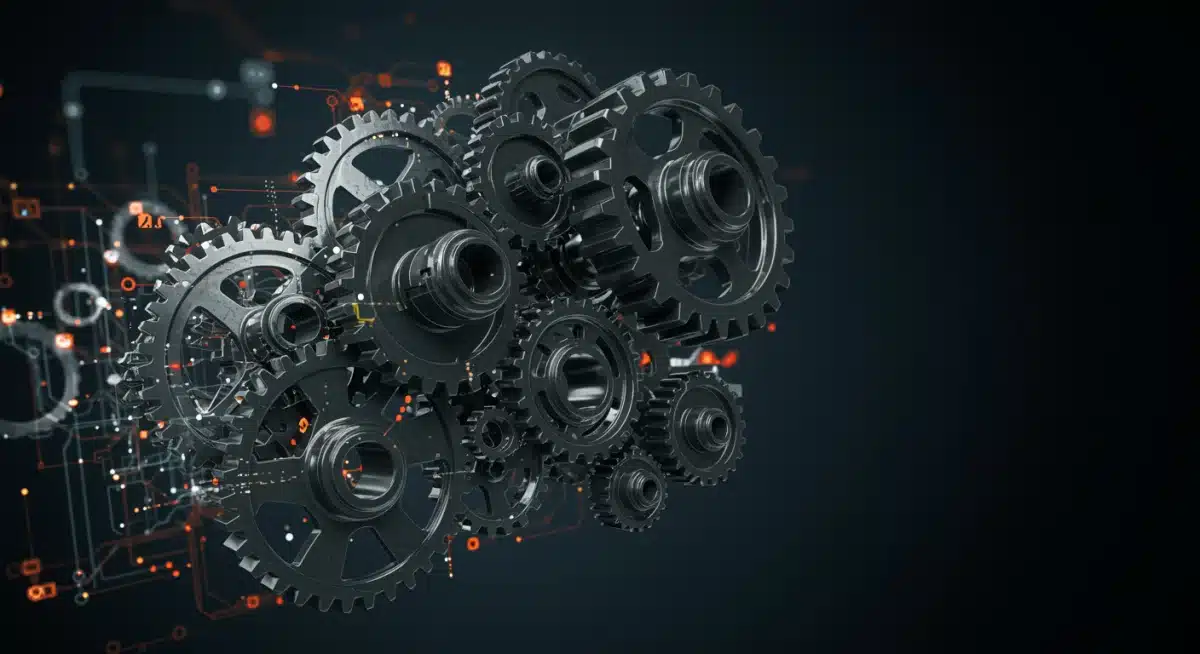 Interconnected gears and circuits representing industrial sector complexities and technological integration.