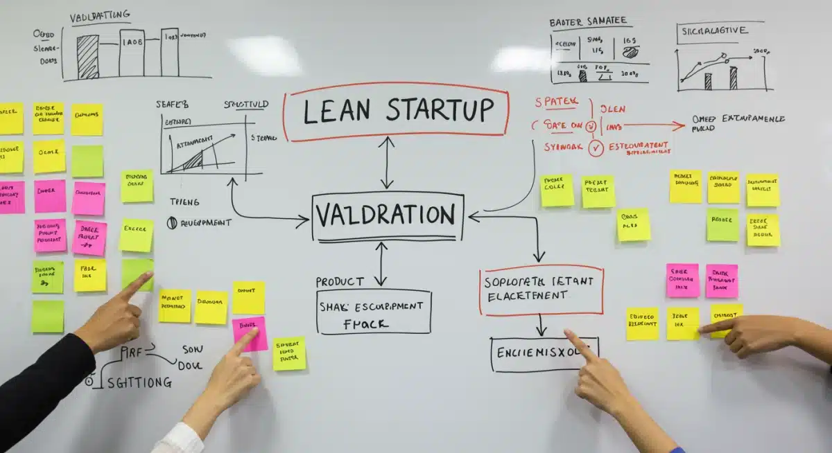Team collaborating on lean startup product validation whiteboard