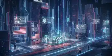 Futuristic metaverse cityscape with digital real estate plots and diverse avatars