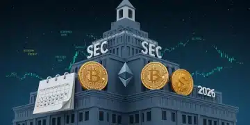 SEC building with crypto symbols and 2026 calendar, representing new staking regulations
