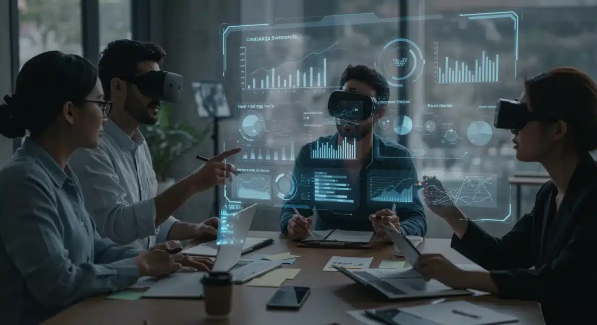 Startup team analyzing financial data on a holographic display, focusing on cost reduction strategies for operational efficiency.