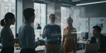 Professionals strategizing US market entry with digital data displays