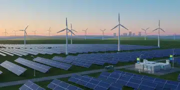 Futuristic US landscape with solar panels, wind turbines, and energy storage, symbolizing 2026 renewable energy transition