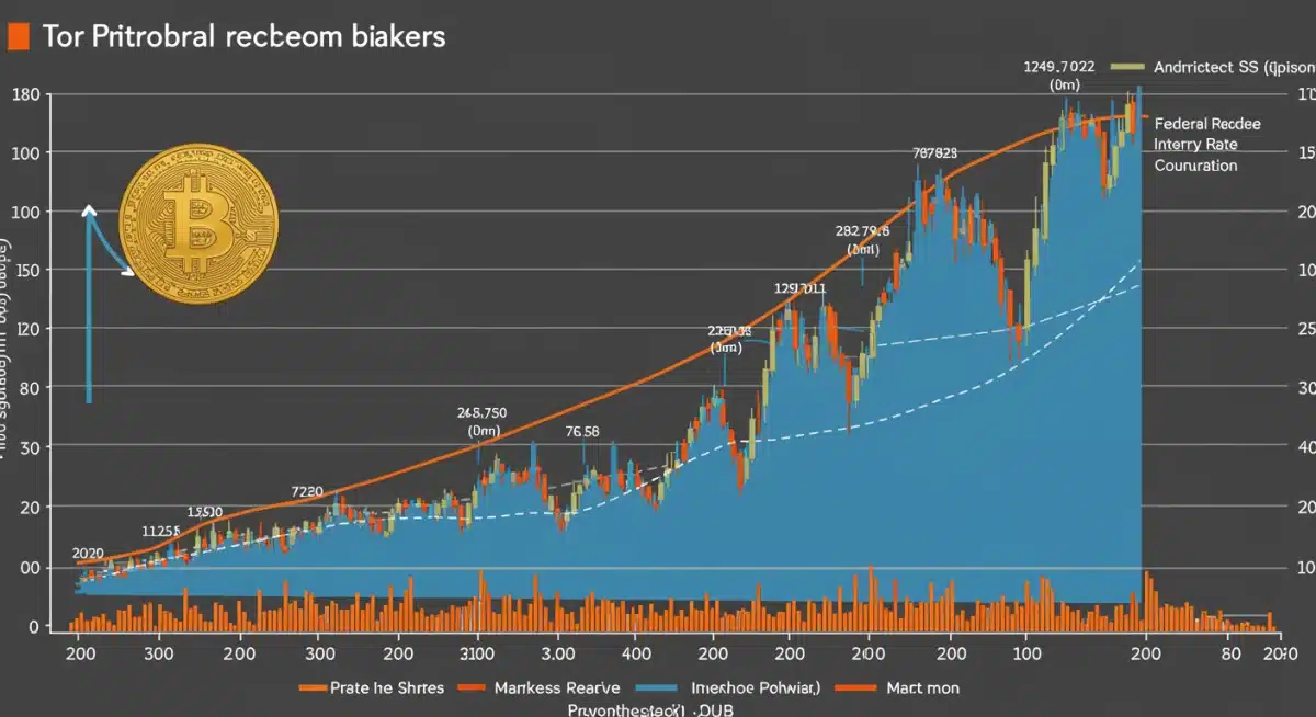 Bitcoin price chart showing volatility with Fed interest rate decision markers and a projected 3-month forecast for 2026.