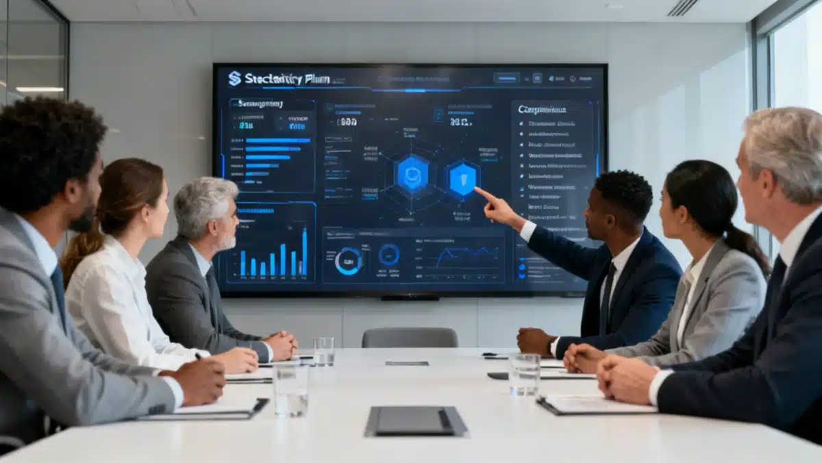 Business leaders analyzing cybersecurity data and compliance checklists on a large screen during a strategic meeting.