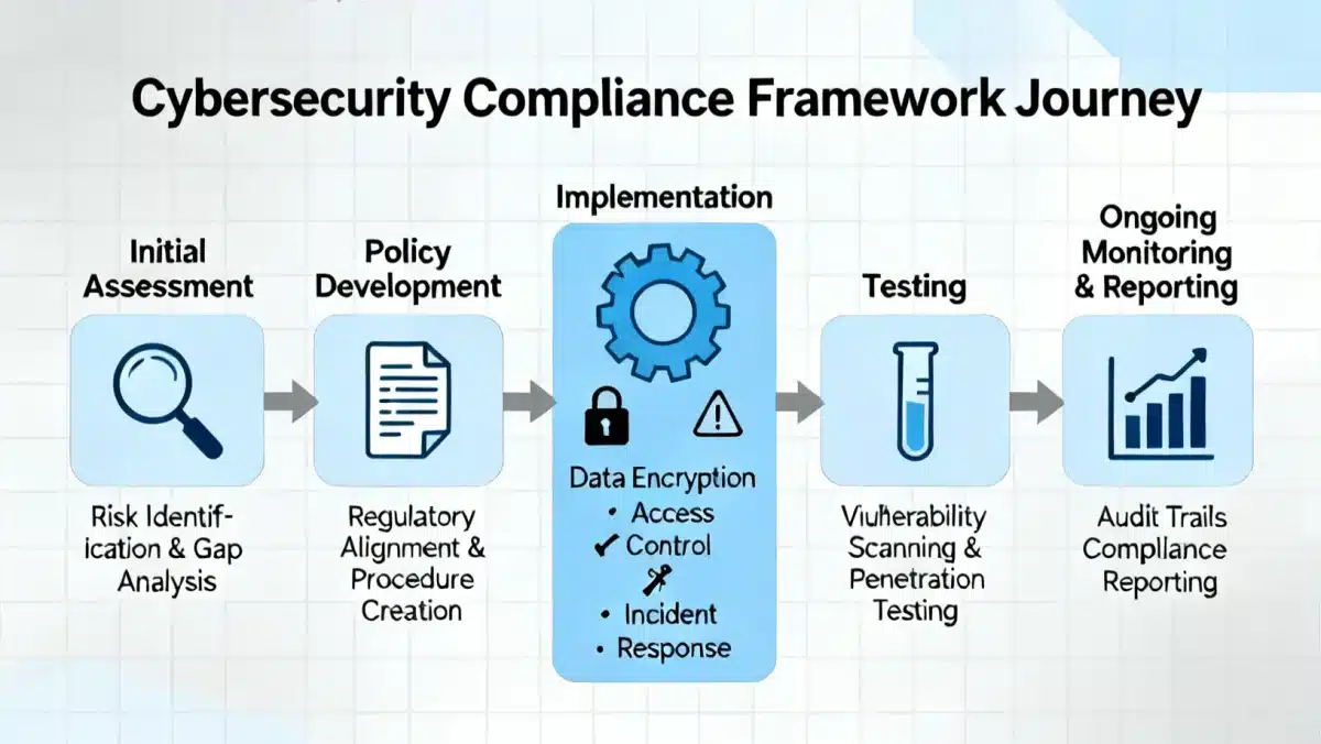 Infographic detailing a cybersecurity compliance framework with stages like assessment, encryption, and incident response.