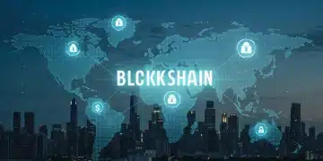 Futuristic digital city with blockchain networks representing DeFi growth in the US market.