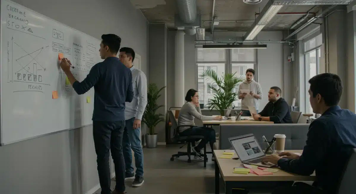 Diverse startup team collaborating in a modern, open-plan office space