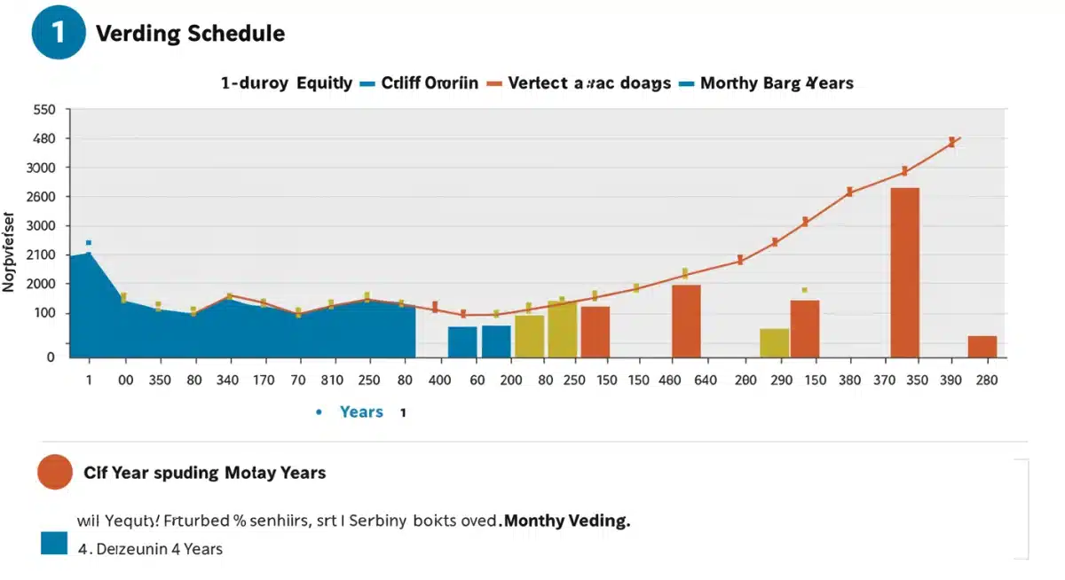 Infographic showing a typical four-year vesting schedule with a one-year cliff for employee equity.
