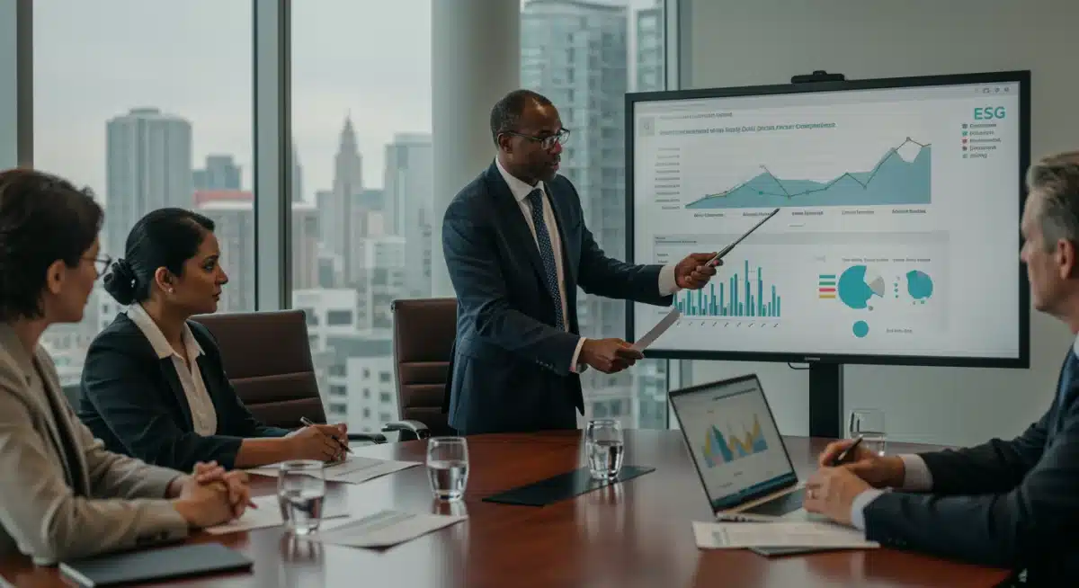 Business leaders analyzing ESG compliance reports and financial projections in a modern boardroom.