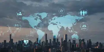 Digital illustration showing ESG reporting mandates affecting US public companies, with financial data and sustainability symbols.