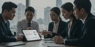 Investors reviewing a modern pitch deck on a tablet in a conference room