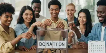 People donating money into a box, symbolizing charitable giving and financial planning for 2026.