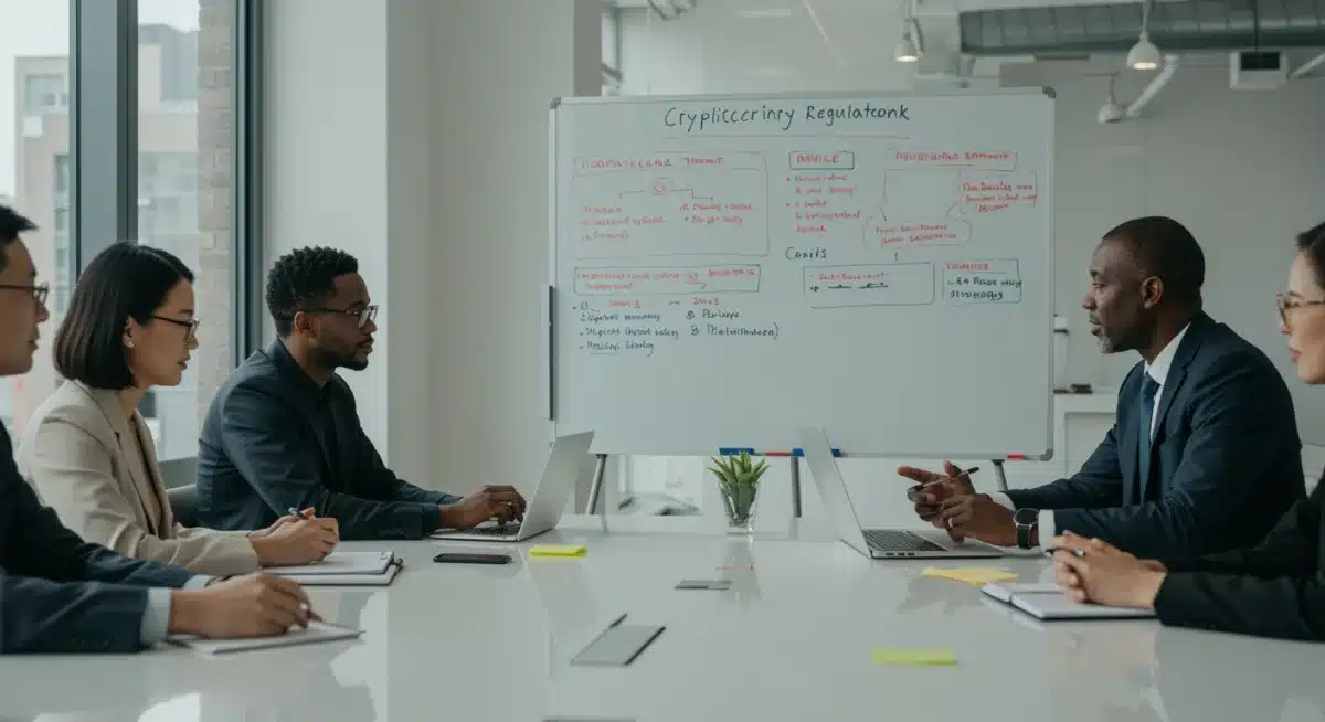 Investors discussing cryptocurrency regulations and stablecoin investment strategies.