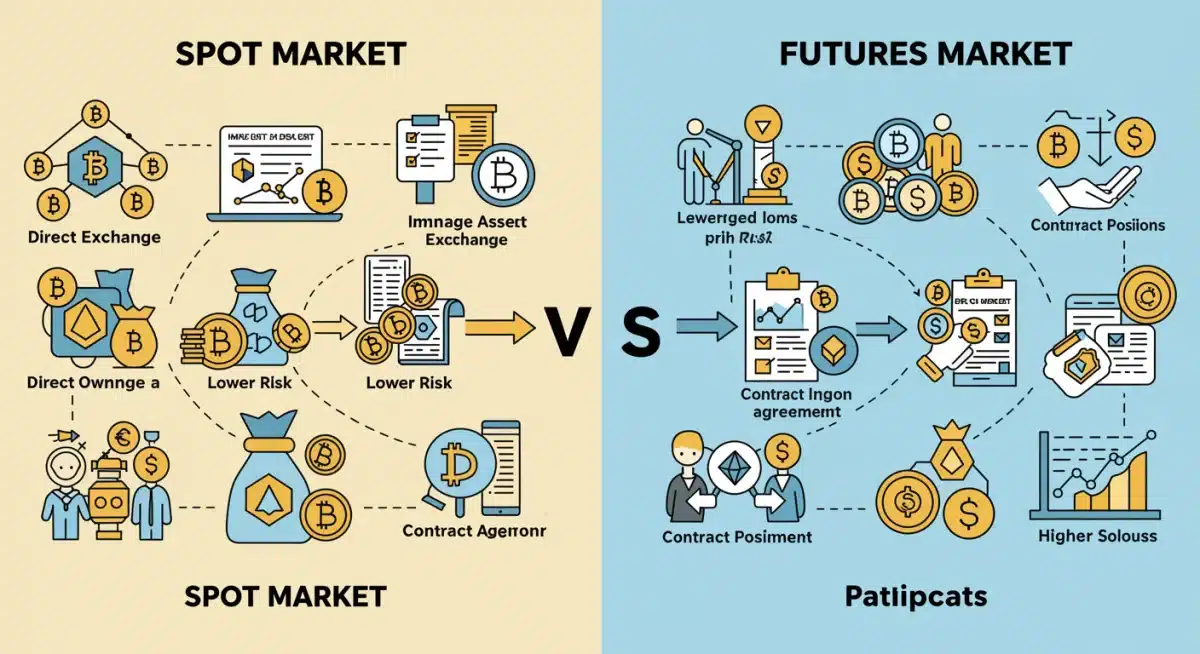 Infographic comparing spot and futures crypto market mechanics