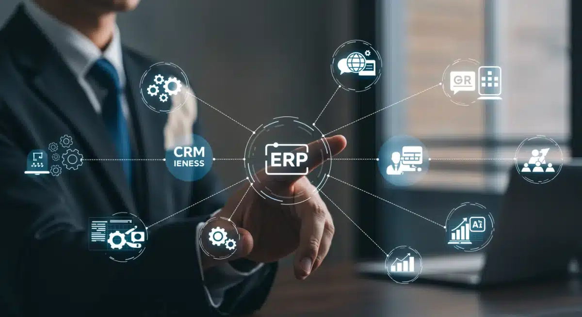 Integrated technology stack for startups, showing interconnected CRM, ERP, and AI tools for operational efficiency.