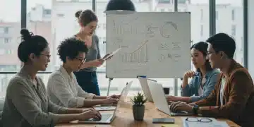 Startup team achieving operational excellence with streamlined processes and data analytics in a modern office.