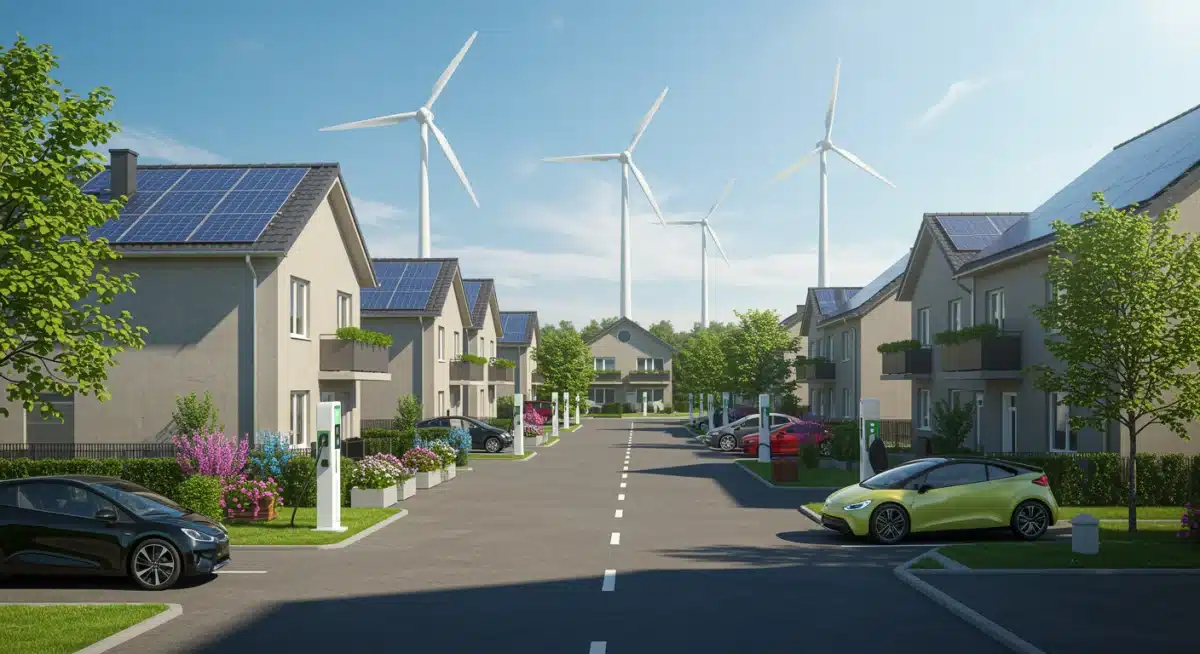 Sustainable energy landscape with solar panels, wind turbines, and electric car charging stations.